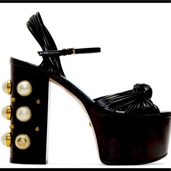 Gucci black heel platform pearl & stud sandals - Picture 1 of 9